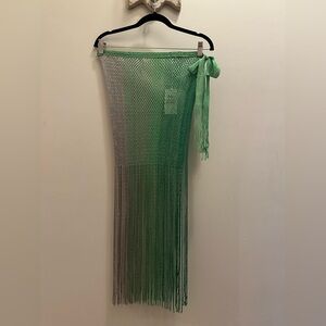 Green & Silver Crochet Mesh Maxi Beach Cover-Up Skirt with Fringe